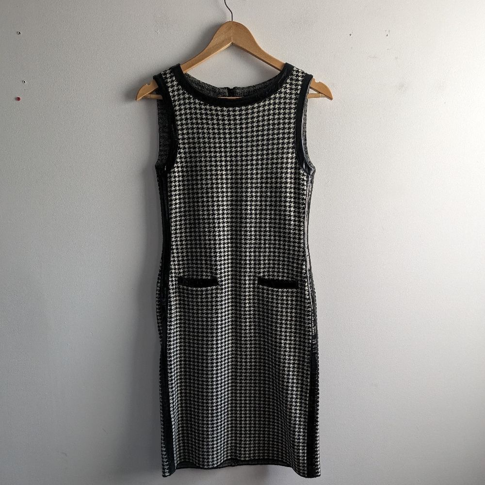 Worth vintage black white wool faux patent leather houndstooth knit mini dress